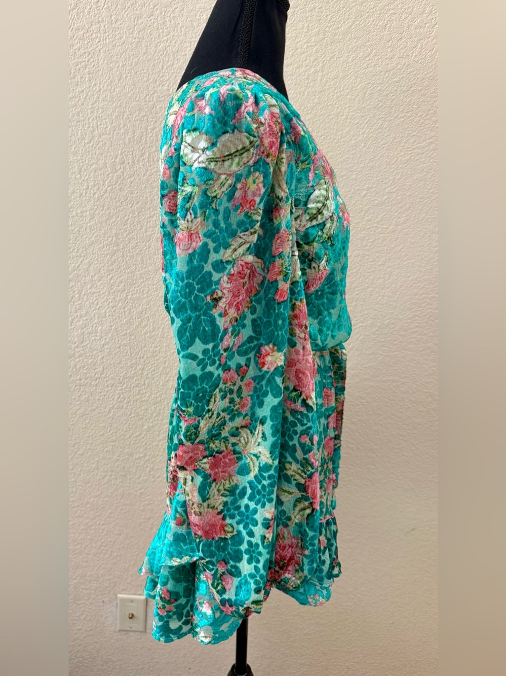 NWT Hermant & Nandita Velvet Teal Floral Metallic One Shoulder Mini Dress Med - Picture 12 of 16